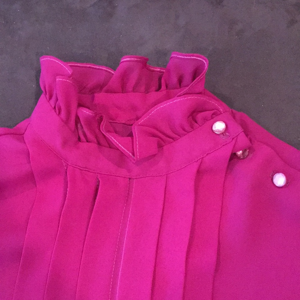 Sheer pleated, ruffle neck short sleeve blouse - Picture 3 of 6